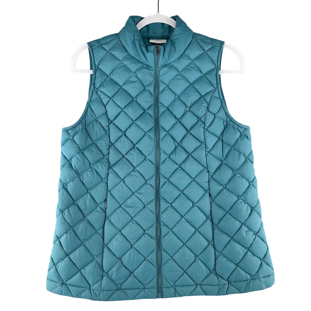 J Jill Down Filled Quilted Vest Teal Blue Full Zip Stand Collar‎ Womens Small